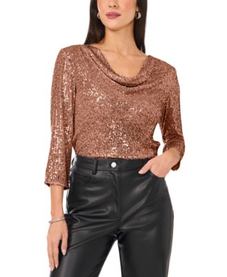 Women's Sequined Cowlneck 3/4-Sleeve Top