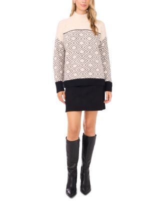 Women's Mock Neck Diamond Motif Long-Sleeve Sweater