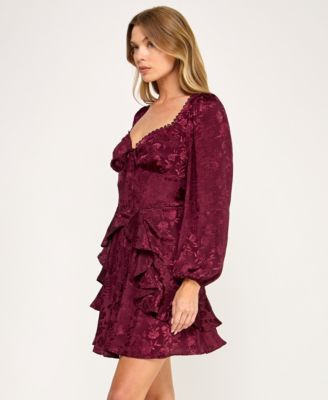 Juniors' Long Sleeve Satin Jacquard Dress