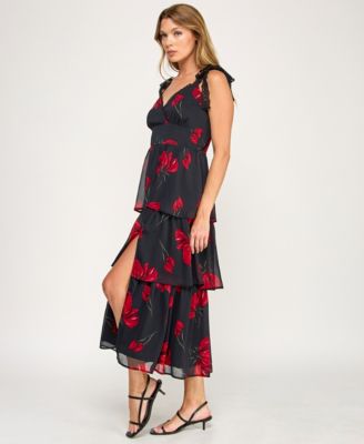 Juniors' Sleeveless Tiered Floral Midi Dress