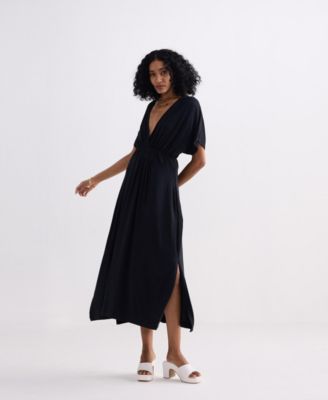 Women's Flowy A-Line Maxi Dress with Side Slits in Black
