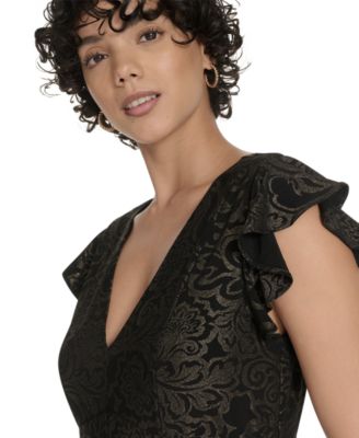 Petite Flutter Sleeve Foil Midi Dress