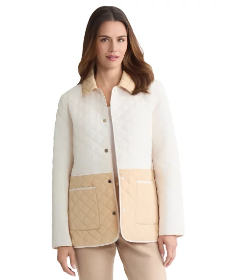 Petite Collar Colorblock Quilted Jacket - Jones White/Cafe Au Lait