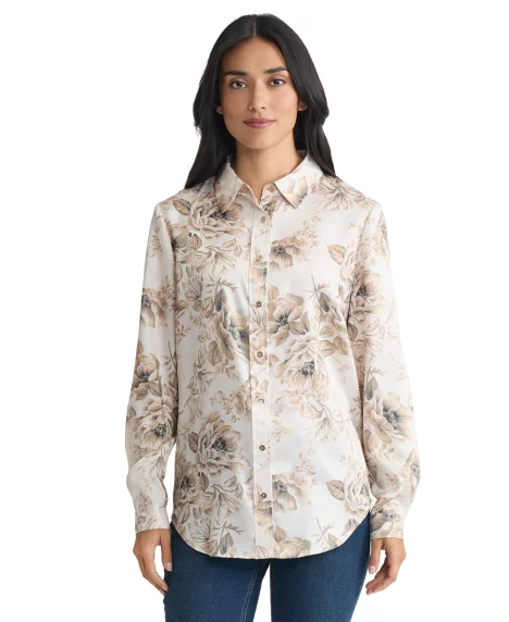 Petite Long Sleeve Button Front Shirt - Ivory Multi