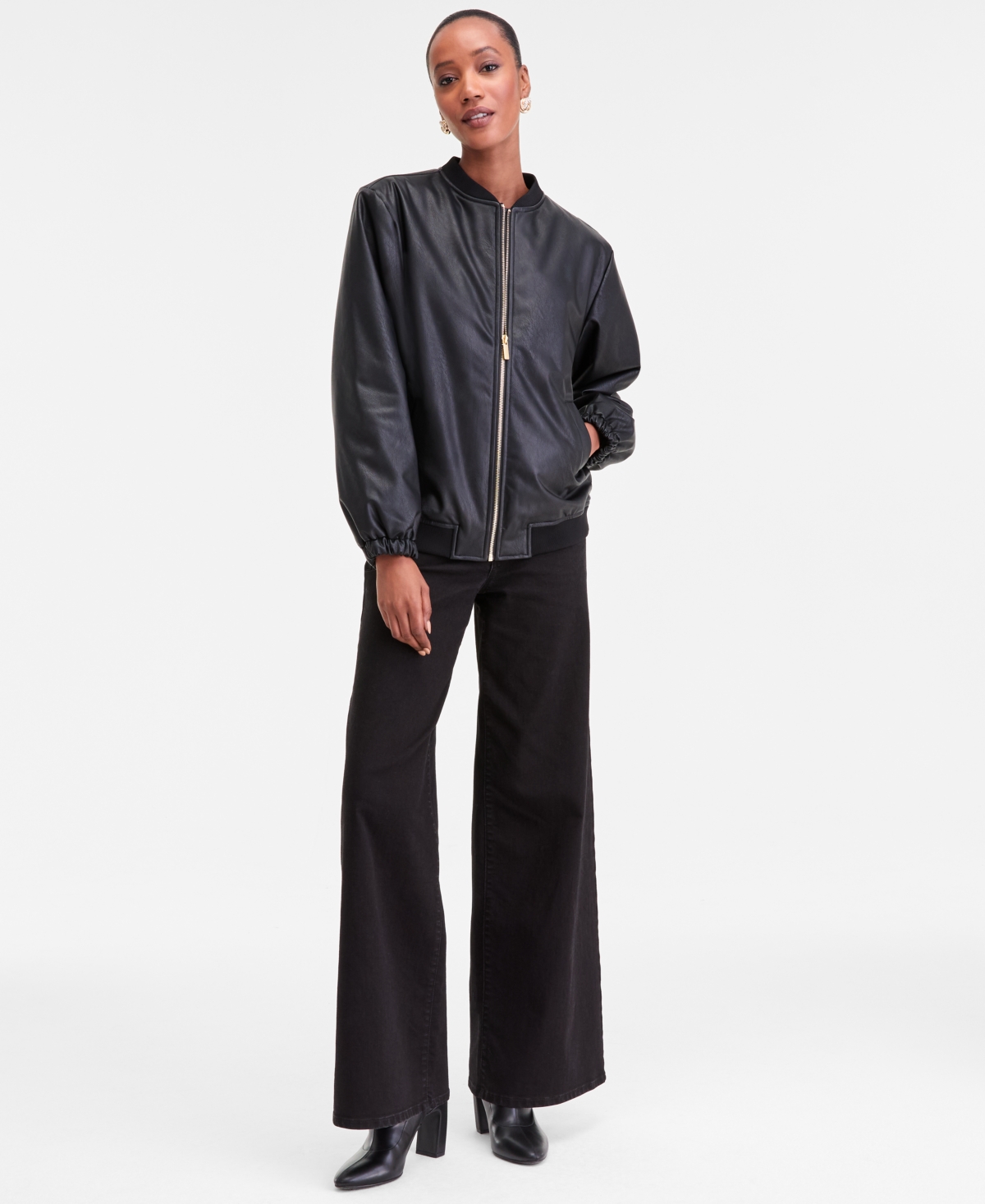 Inc International Concepts Women's Faux-leather Bomber Jacket, Macy's Exclusive In Black