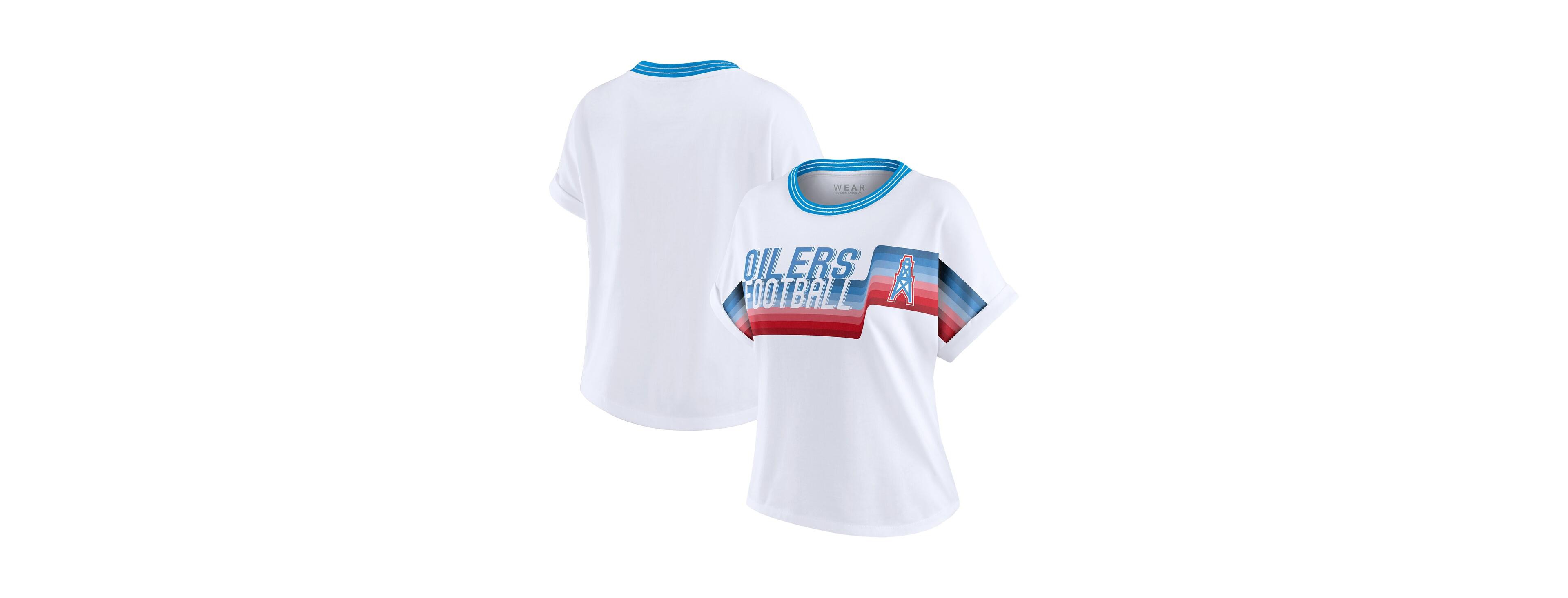 Wear by Erin Andrews Women's White Houston Oilers Cropped Center Stripe Dolman T-Shirt