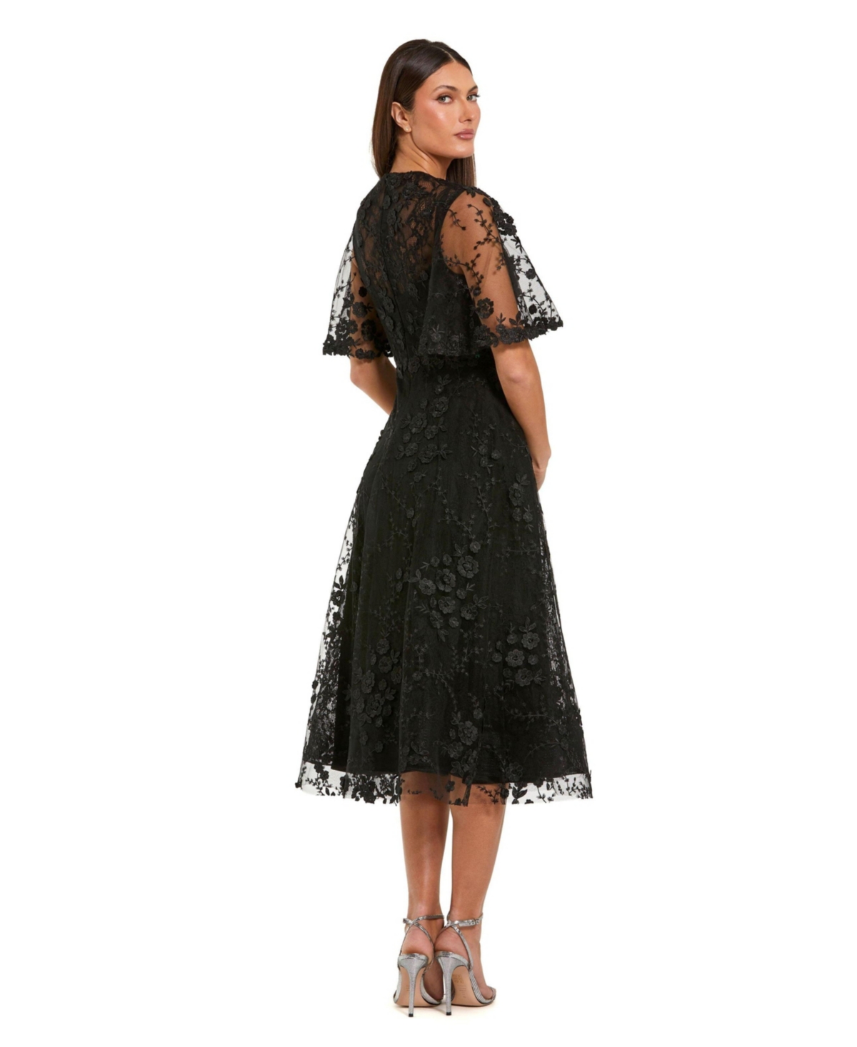 Mac Duggal Women's Flutter Sleeve Embroidered Midi Dress