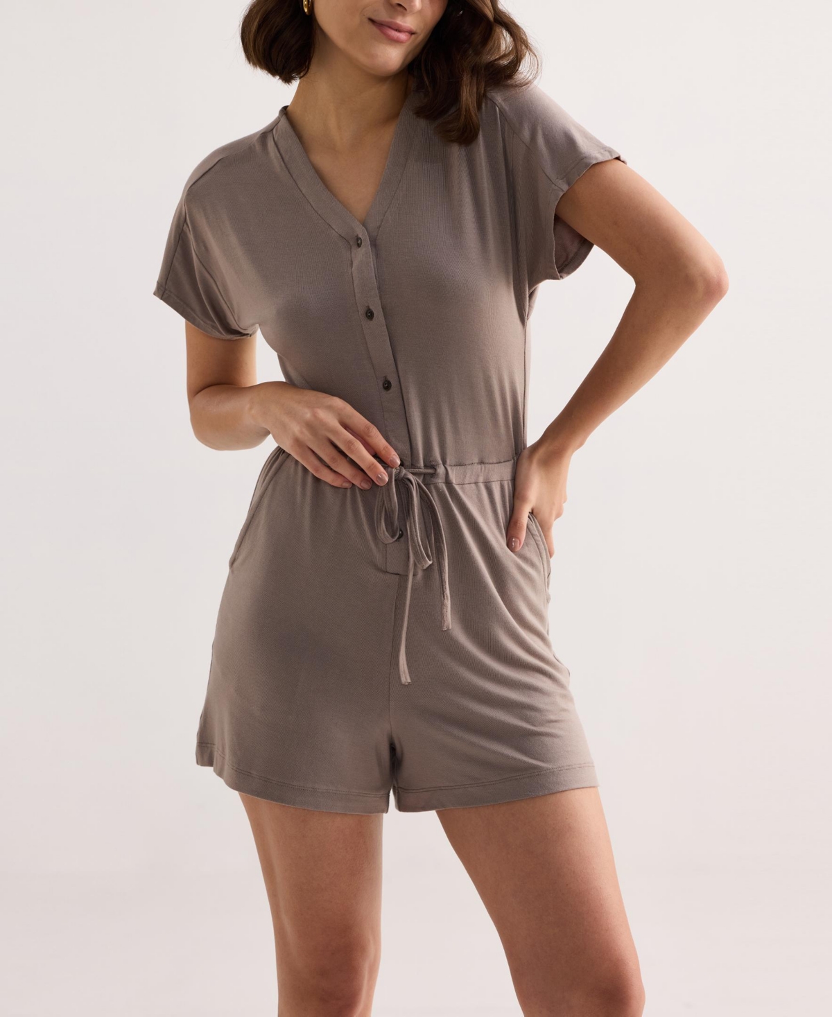 Reistor Women's V neck Drawstring Knit Romper Dusty brown