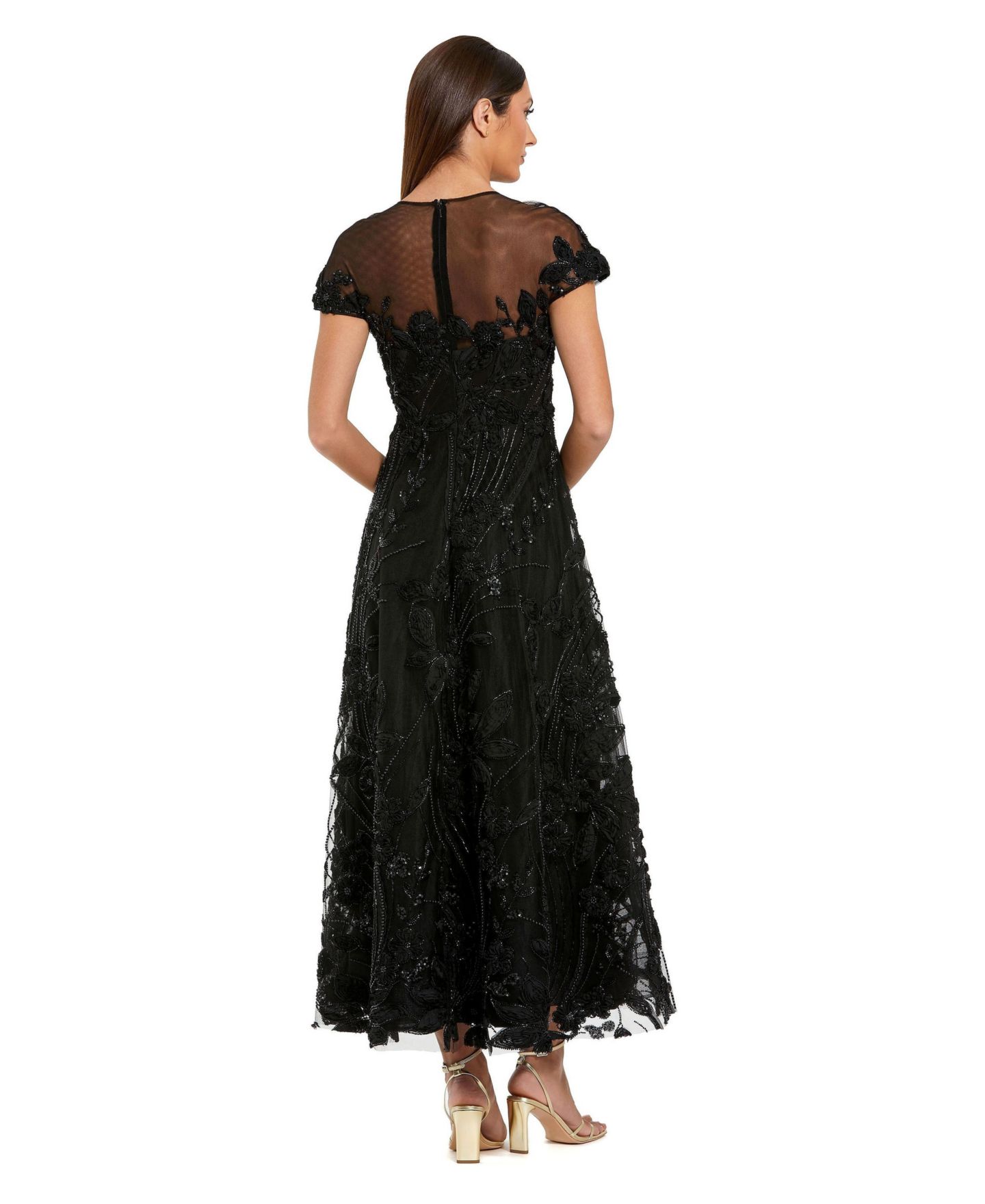 Женское платье Mac Duggal Embellished Lace Illusion Neck A-Line Midi, цвет: Чёрный — фото 3