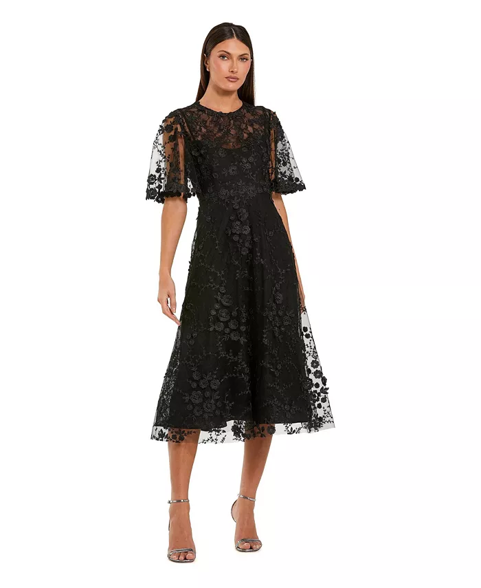 Women's Flutter Sleeve Embroidered Midi Dress