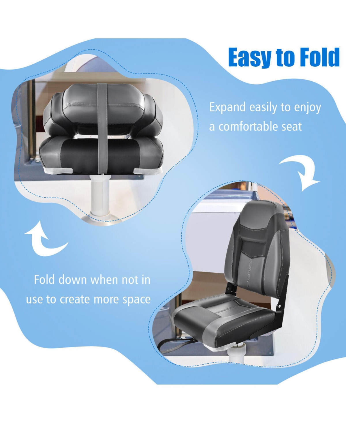 High Back Folding Boat Seat with Cushioned Sponge Padding and Flexible Hinges