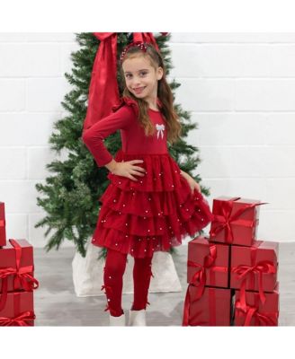 Big Girls Christmas Pearl Long Sleeve Tutu Dress