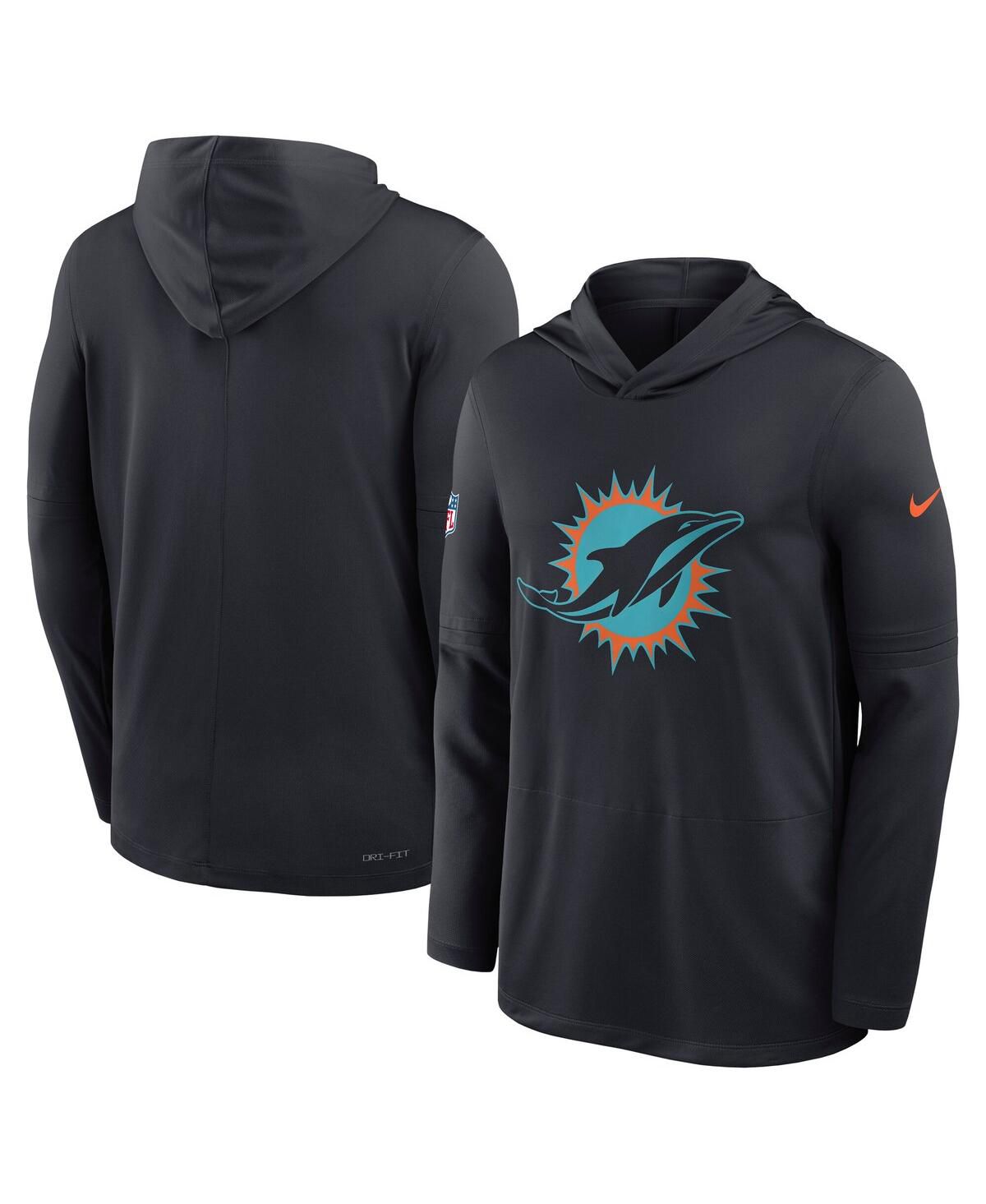 Мужская синяя как смоль футболка Miami Dolphins 2025 Rivalries из коллекции Sideline Dri-FIT с капюшоном и длинными рукавами