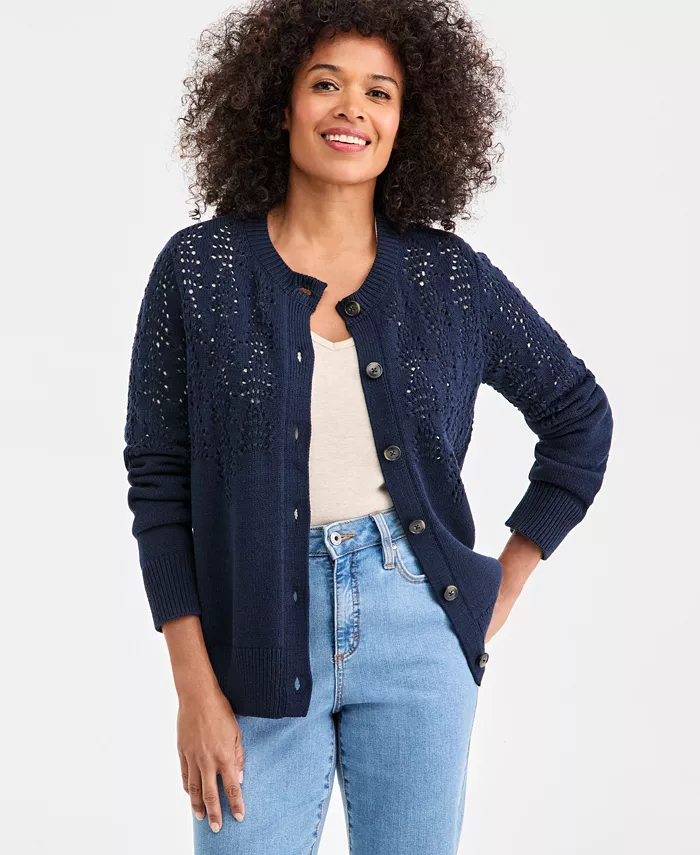 Women's Pointelle Crewneck Cardigan - thumbnail 6