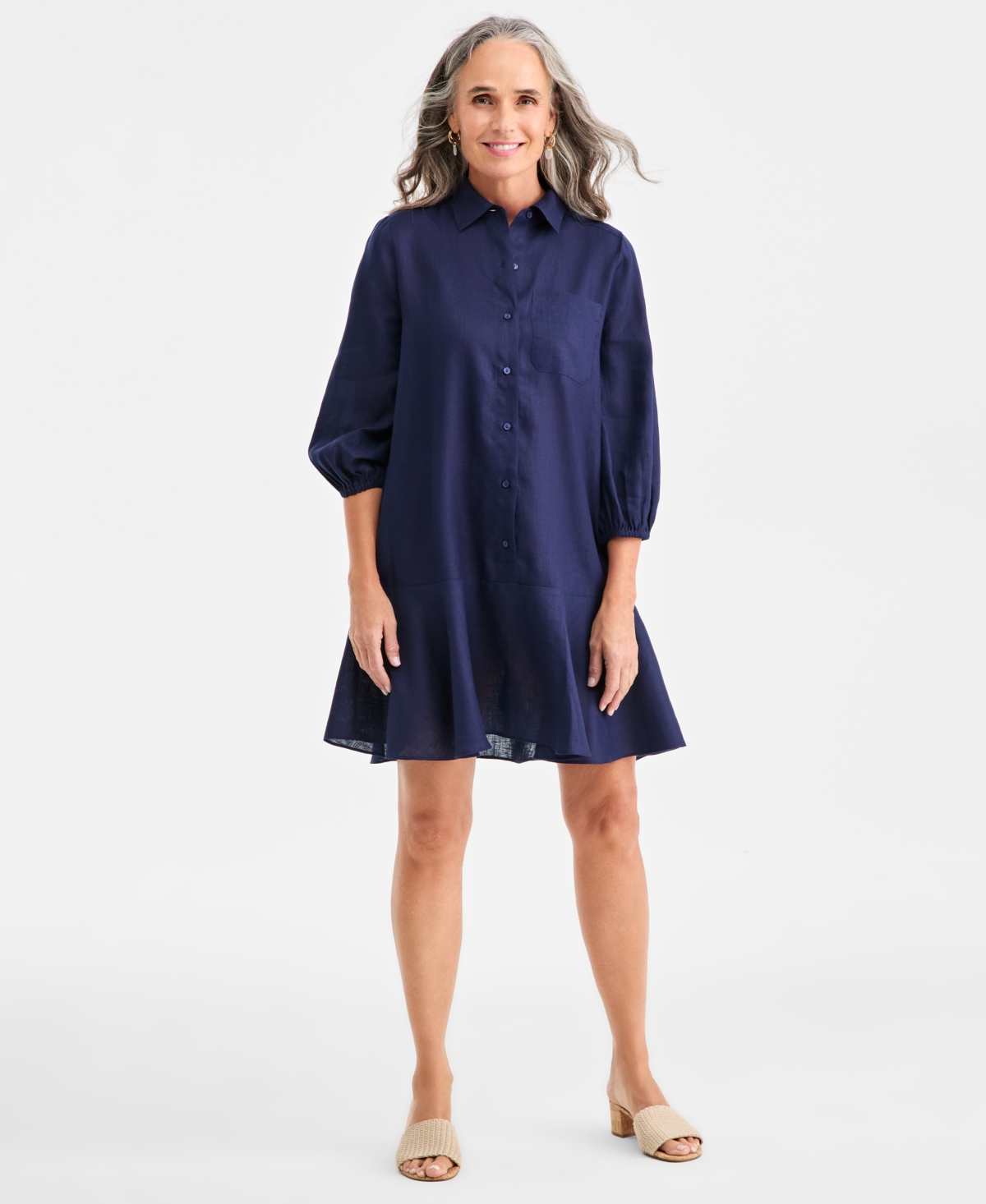 Charter Club Women's 100% Linen Flounce Shirtdress, Created For Macy's In Blue