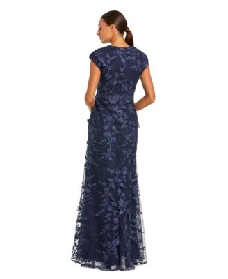 Women's Faux Wrap Embroidered Cap Sleeve Gown