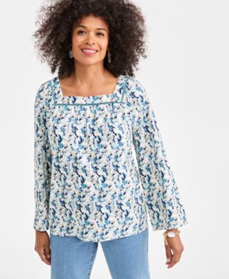 Style & Co - Women's Printed Square-Neck Long Flutter-Sleeve Top