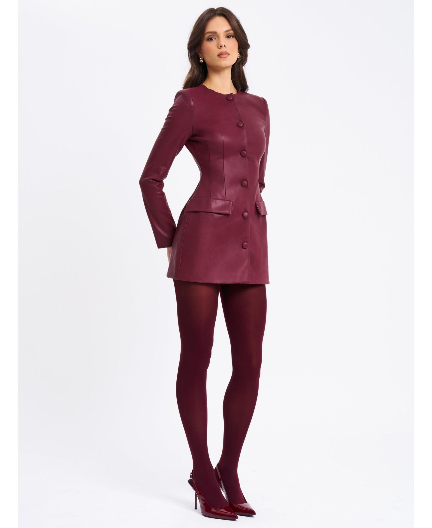 Женское платье Miss Circle Women Baila Burgundy Faux Leather Blazer Mini, цвет: Тёмный бордовый — фото 3