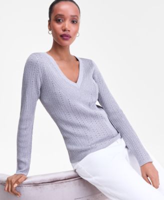 Women's Metallic-Knit V-Neck Sweater, Macy's Exclusive