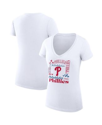 G-III 4Her by Carl Banks - Women's White Philadelphia Phillies Super-Slim Fit Lightweight Collage Team Graphic V-Neck T-Shirt