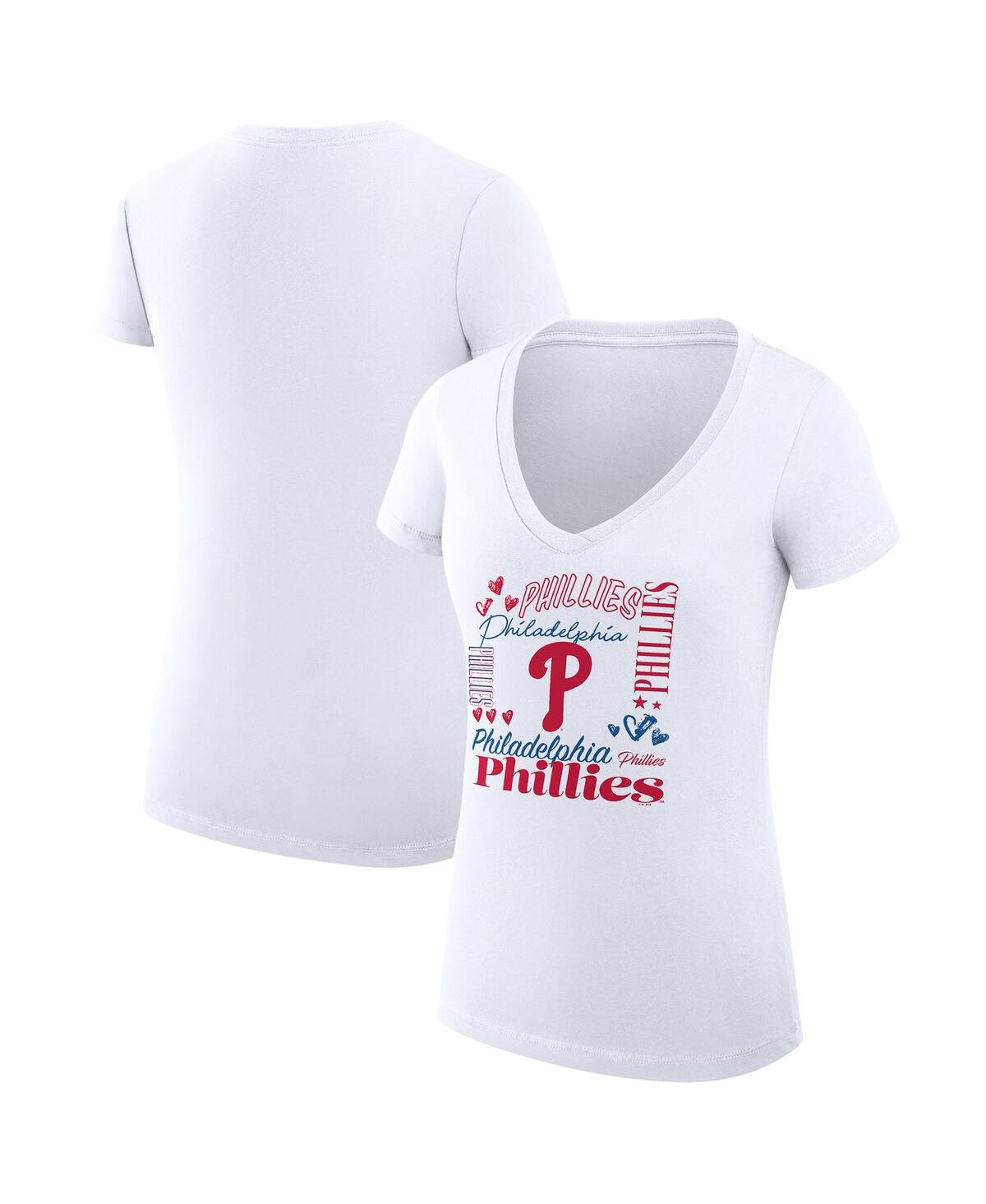 G-iii 4her By Carl Banks Women's White Philadelphia Phillies Super-slim Fit Lightweight Collage Team Graphic V-neck T-shirt In White
