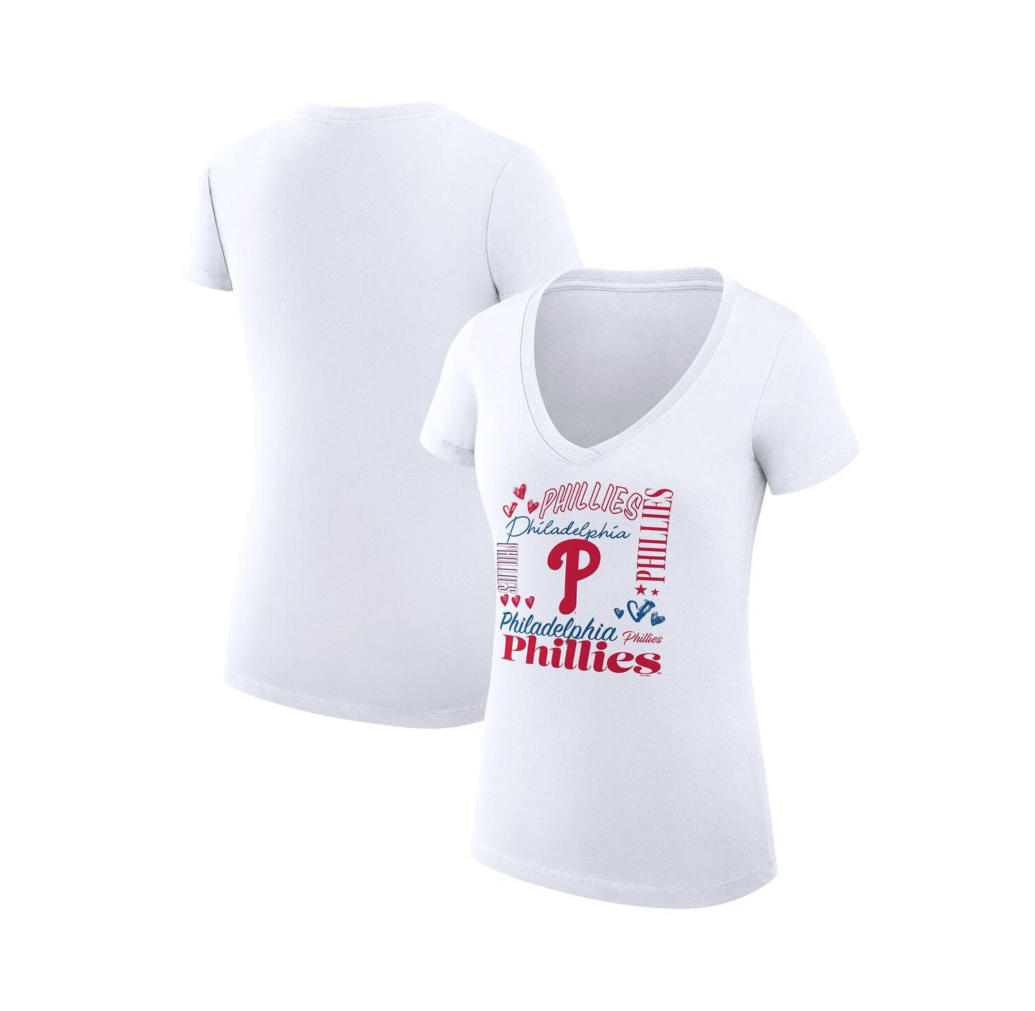 Women's White Philadelphia Phillies Super-Slim Fit Lightweight Collage Team Graphic V-Neck T-Shirt