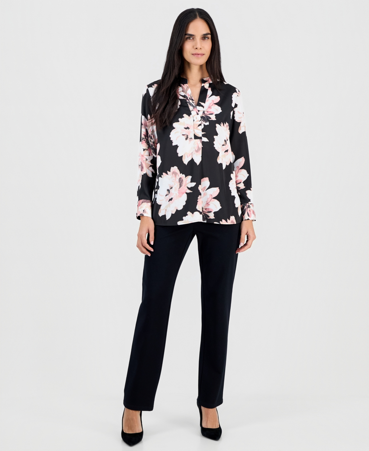 Anne Klein Petite Floral Satin Popover Blouse