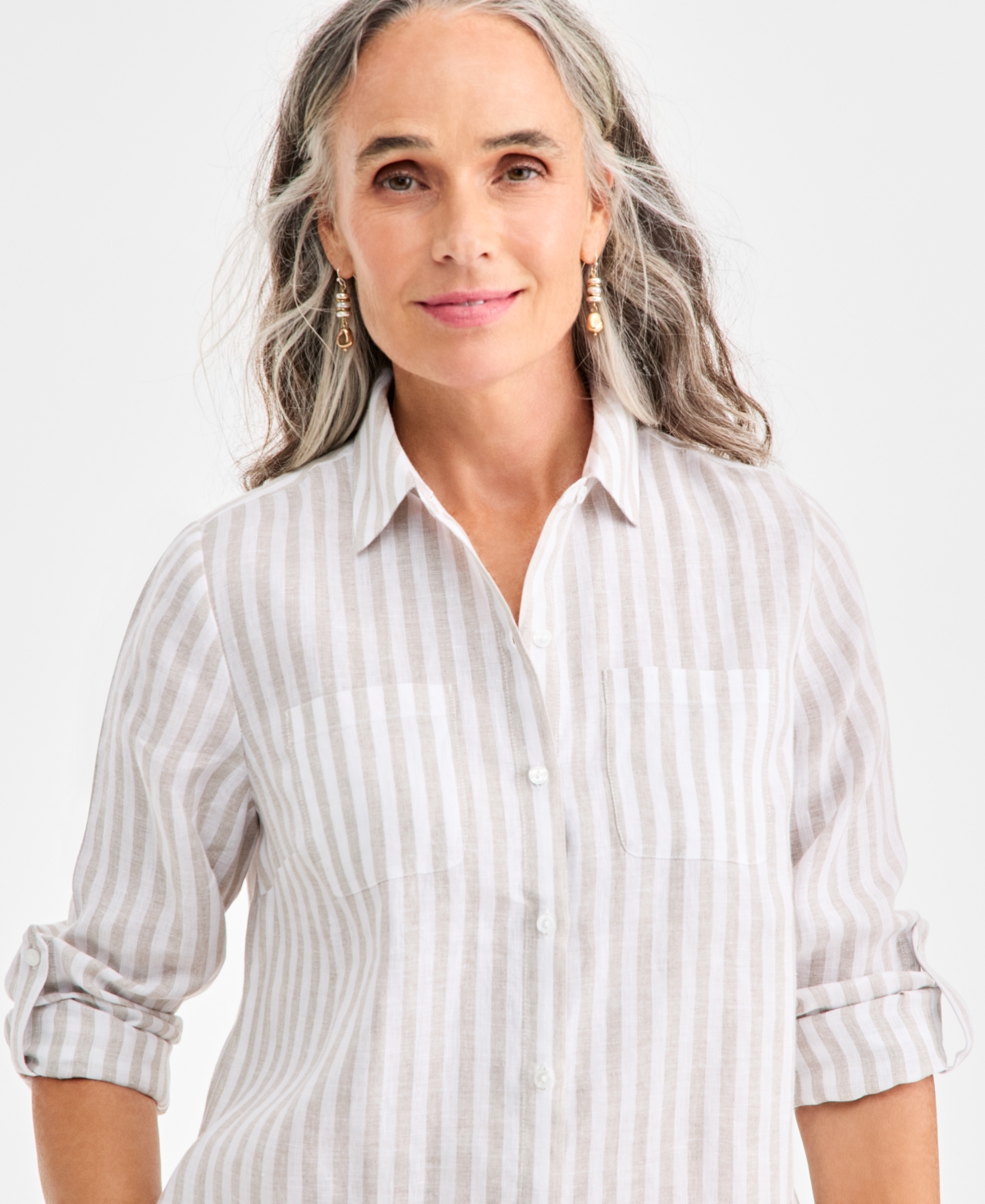 Charter Club Petite Woven Multi-stripe 3/4-sleeve Shirt, Macy's Exclusive In Neutral