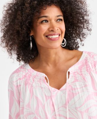 Petite Print Smock Neck Long-Sleeve Top, Macy's Exclusive