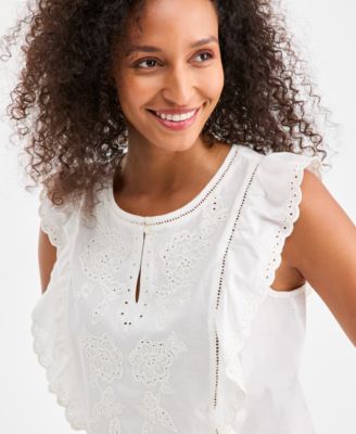 Women's Cotton Eyelet-Trim Flutter-Sleeve Top, Macy's Exclusive