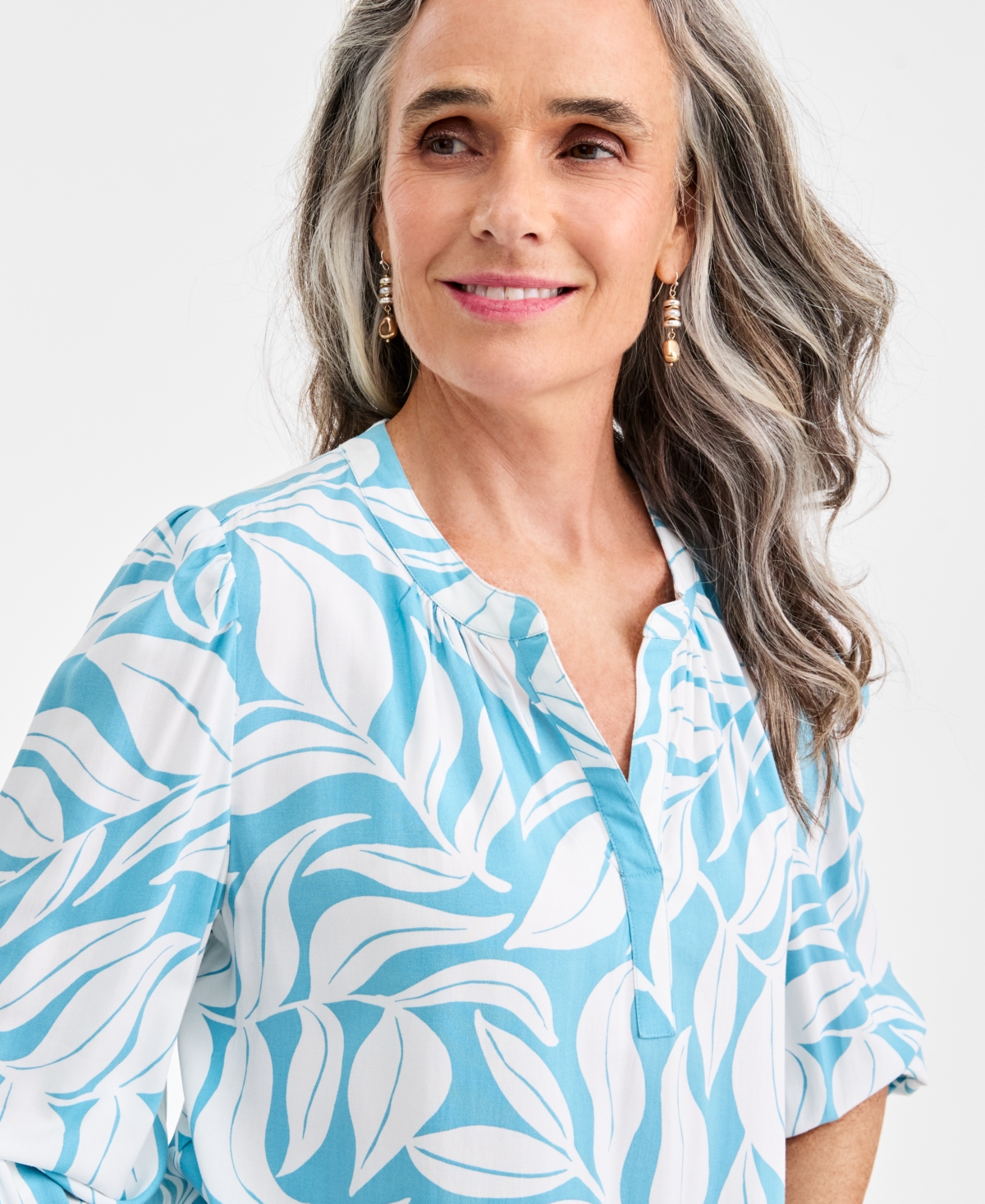 Style & Co Women's Leaf-Print Split-Neck Bubble-Sleeve Top, Macy's Exclusive