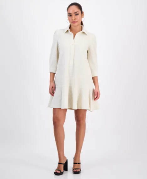 Petite Textured Button-Front Dress - Cream