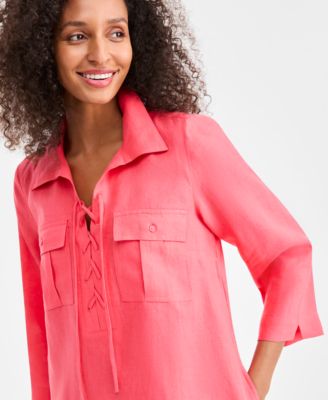 Women's 100% Linen Lace-Up 3/4-Sleeve Utility Dress, Macy's Exclusive