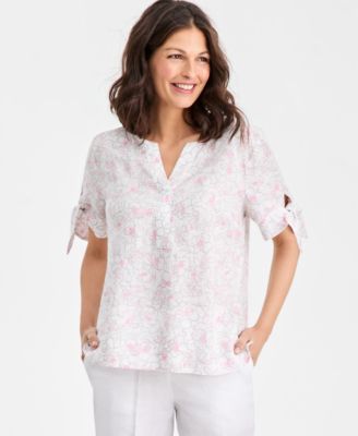 Women's 100% Linen Tile Tie-Cuff Split-Neck Top