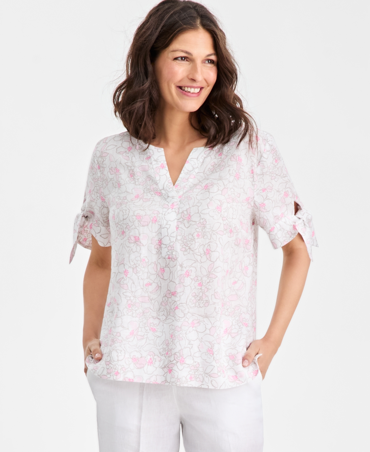 Charter Club Women's 100% Linen Tile Tie-cuff Split-neck Top, Macy's Exclusive In Animal Print