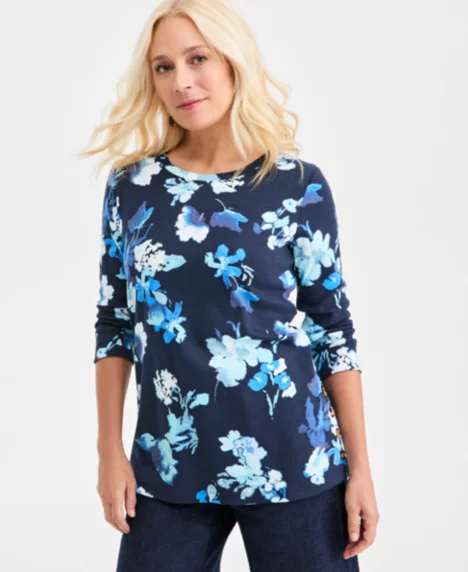 Petite Crew Neck Button Pattern Top - Industrial Blue Combo