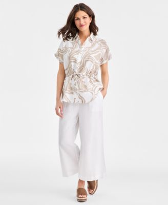 Women's 100% Linen Printed Drawstring-Waist Top, Macy's Exclusive