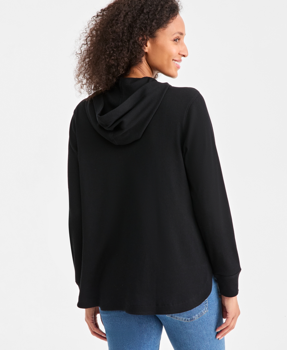 Style & Co Women's Waffle-knit Pullover Hoodie, Macy's Exclusive In Black