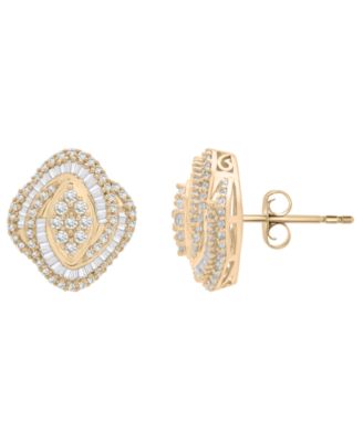 Diamond Baguette & Round Cluster Earrings (1 ct. t.w.) in 14K Yellow Gold, Macy's Exclusive