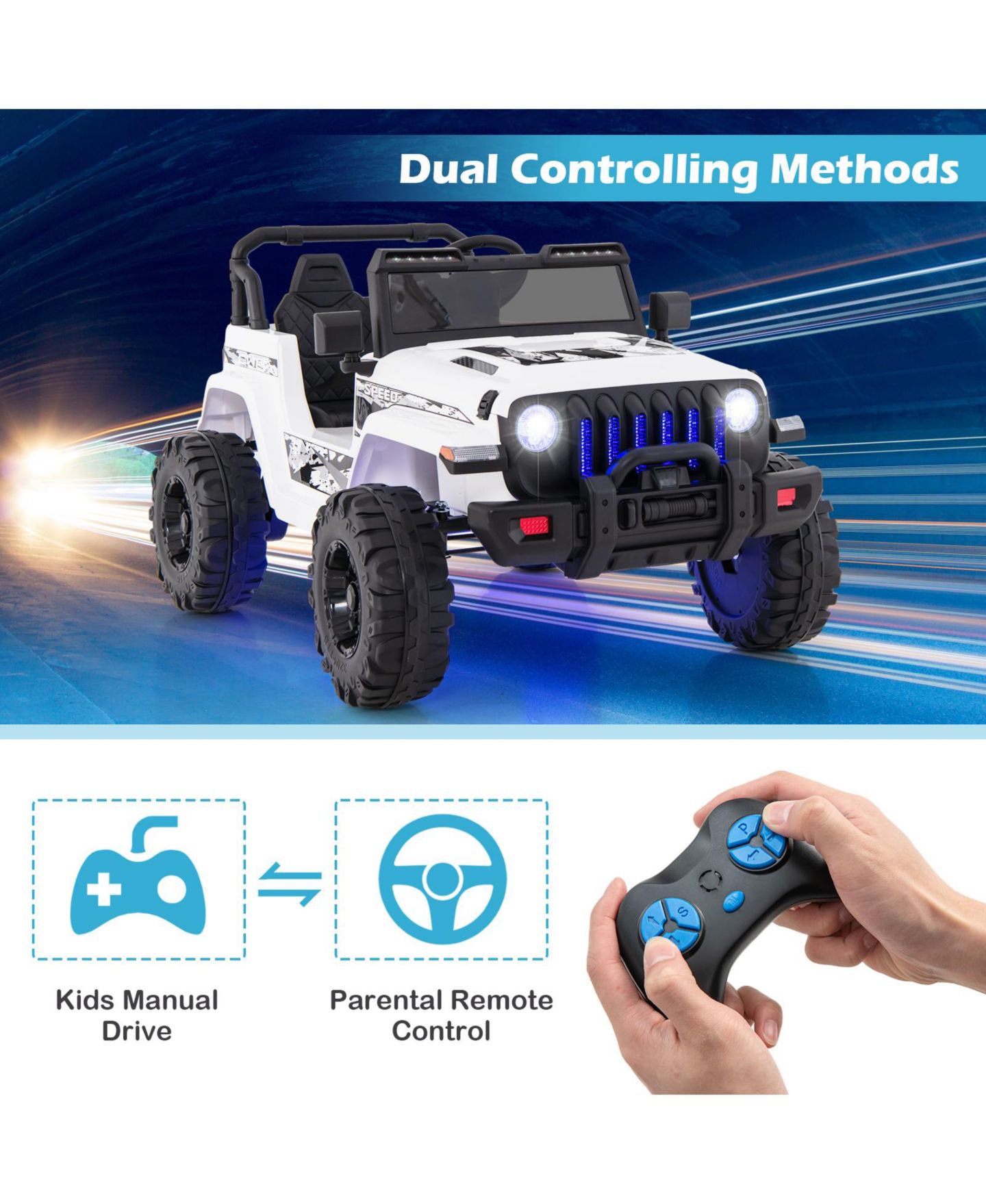 Детская игрушка HONGGE 12V Ride-On Jeep with Remote Control and LED Headlights, Ages 3+, цвет: Белый — фото 8