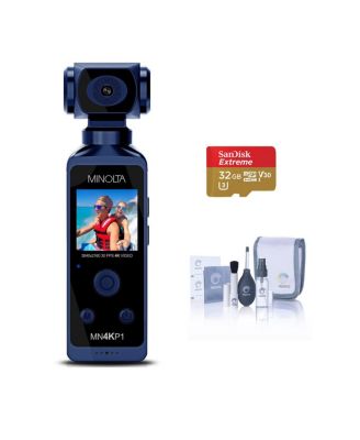 MN4KP1 4K Ultra HD Wi-Fi Enabled Pocket Camcorder, Blue Bundle with 32GB microSD Card, Cleaning Kit