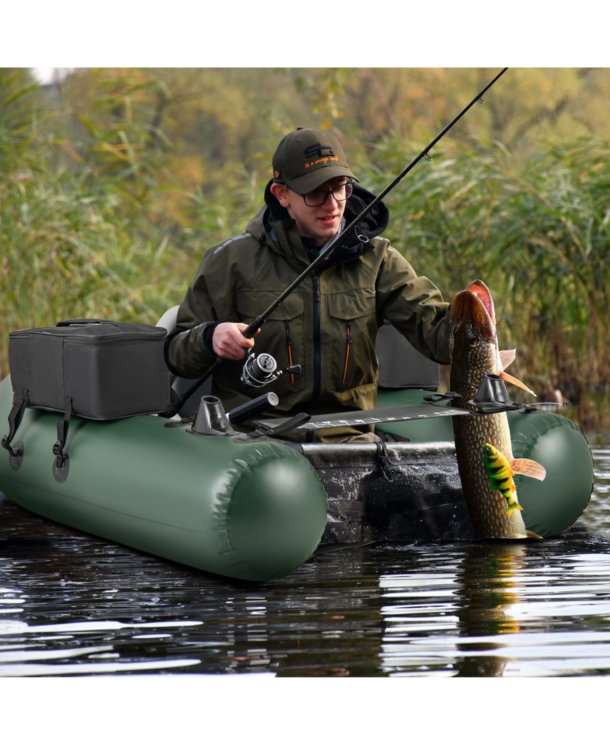 Inflatable Fishing Float Tube with Angling Base, Fish Ruler, and Comfortable Design