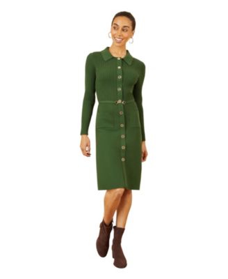 Women's Belted Rib Knit Midi Dress With Pockets