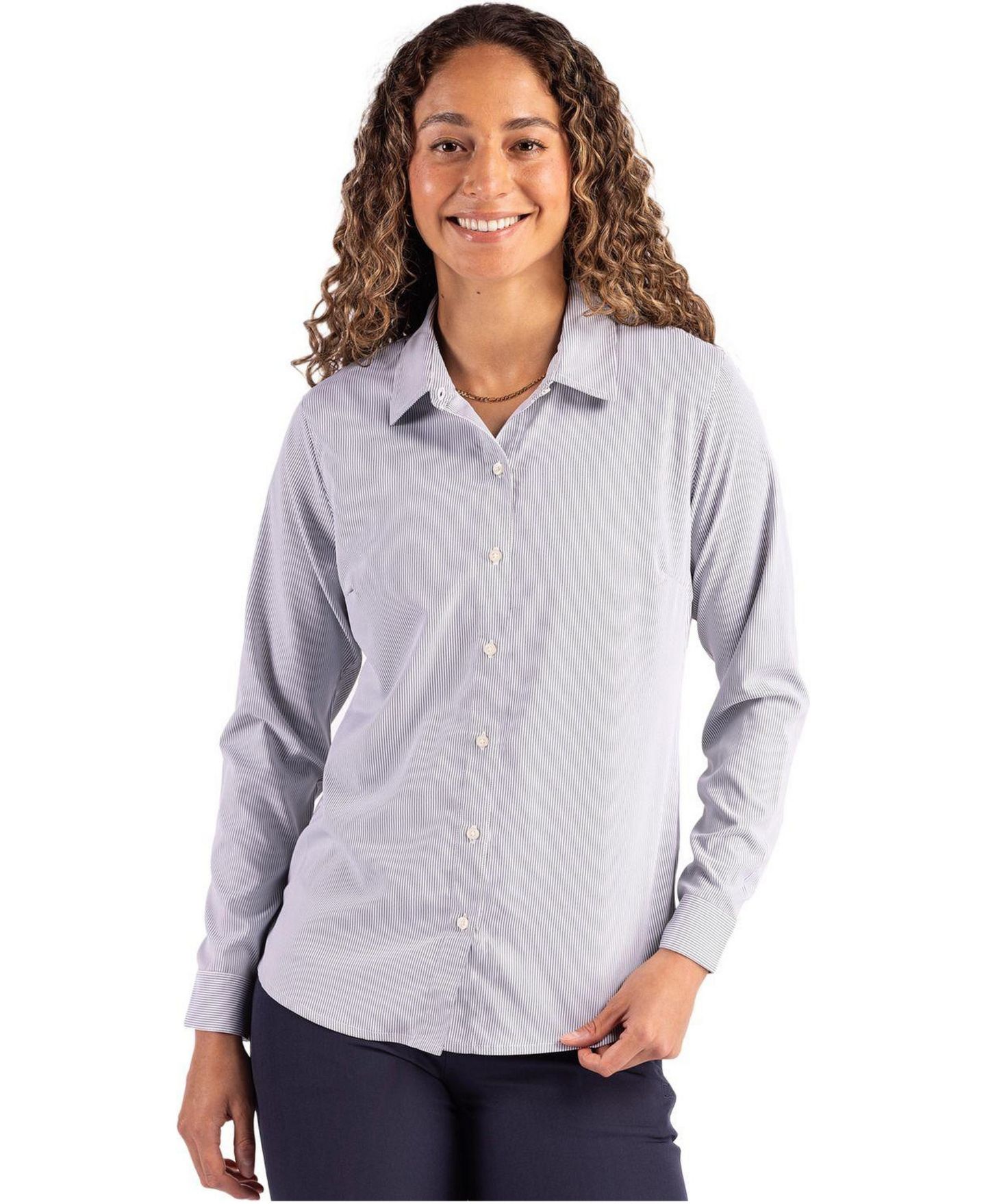 Женская рубашка Cutter & Buck Skyline Epic Confidence Pinstripe Long Sleeve Dress Shirt, цвет: Серый / Белый — фото 2