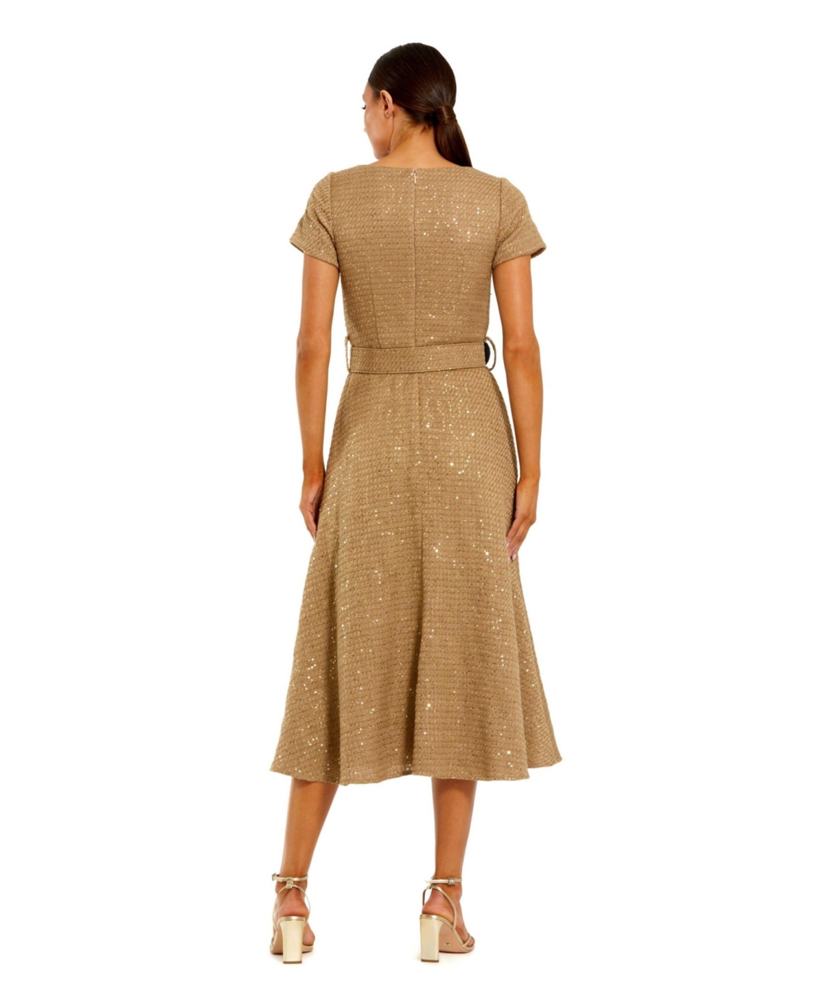 Mac Duggal Women's Boucle Cap Sleeve High Neck Button Up Midi Dress