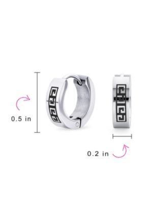 Set of 2 Greek Key Pattern Hoop Huggie Earrings Black Silver Stainless Steel