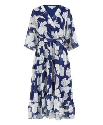 Women's Kimono Sleeves Midi Dip Hem Wrap Dress
