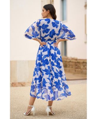 Women's Kimono Sleeves Midi Dip Hem Wrap Dress