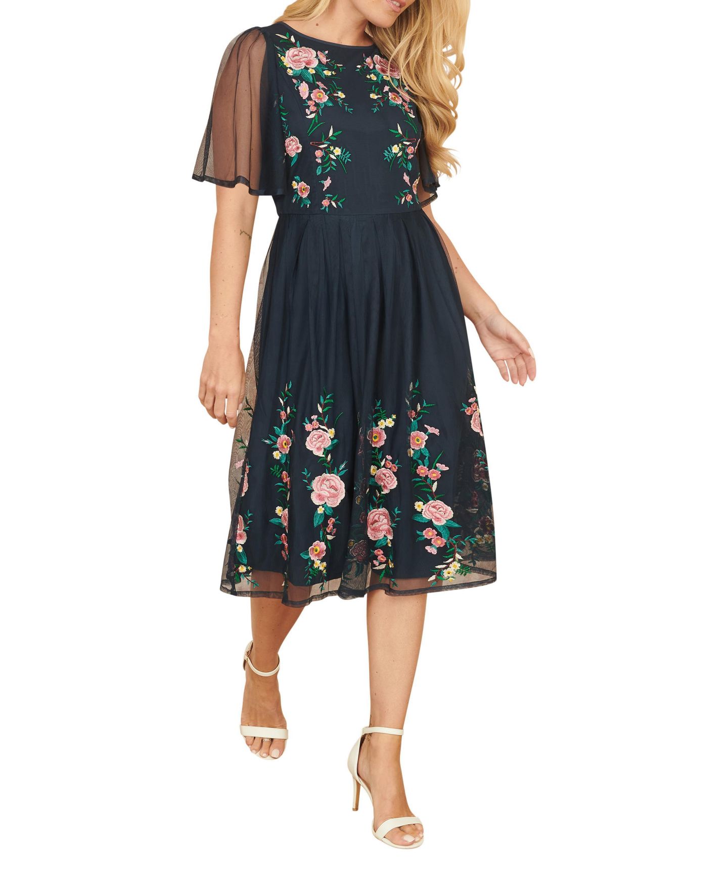 Женское платье Yumi Embroidered Mesh Sleeve Prom, цвет: Тёмно-синий — фото 5
