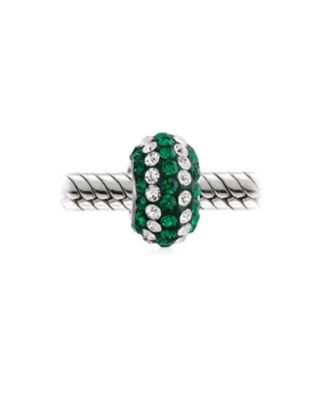 Set of 2 Green White Striped Crystal Bead Charm for European Bracelet Sterling Silver Core